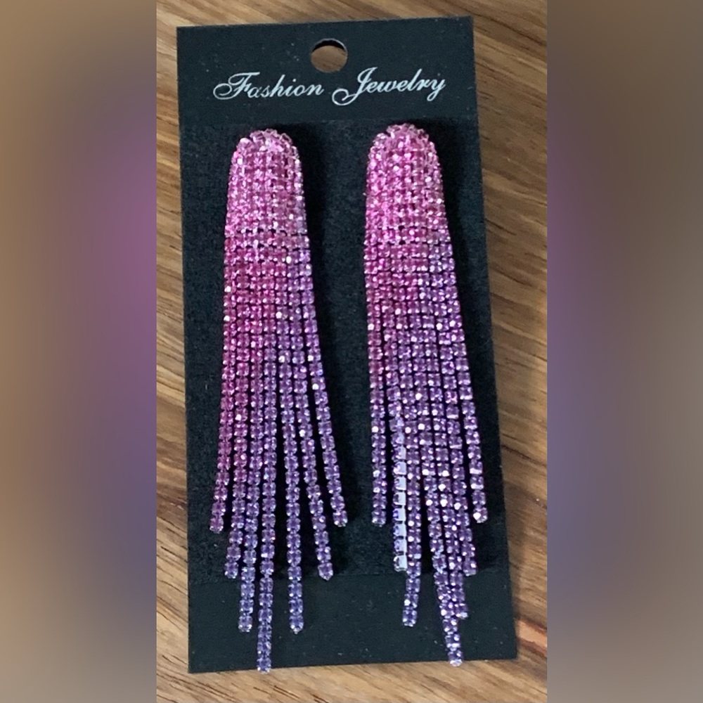 Long Tassel Sparkly Crystal Purple Dangle Earrings